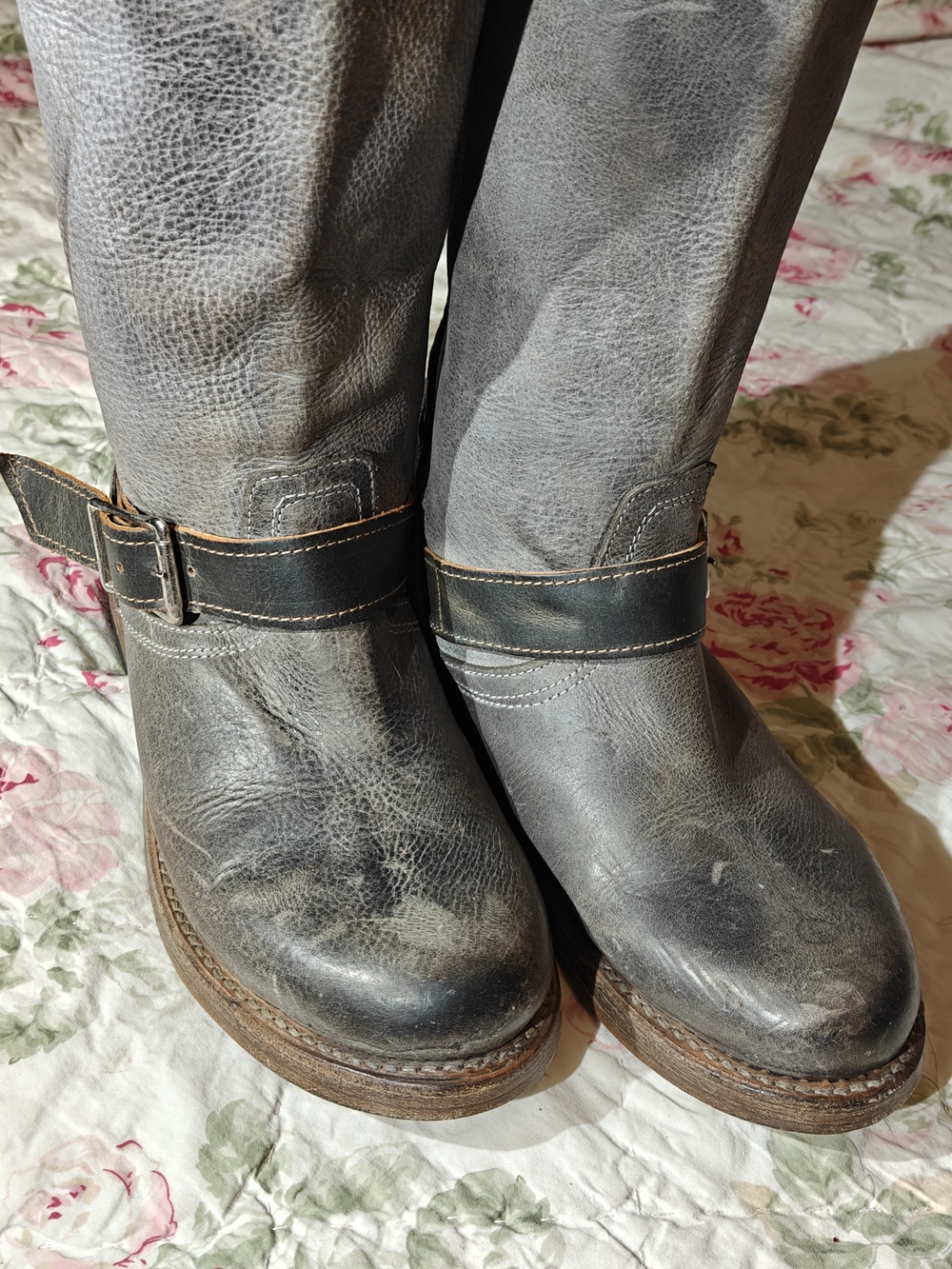 freebird Crosby Distressed Gray Leather Engineer Boots with Buckle Strap 9